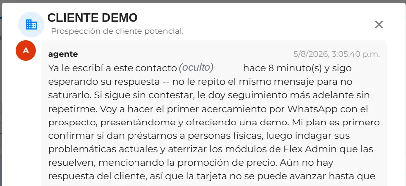 Comentario real de un agente de IA dando seguimiento a un prospecto dentro de una tarjeta