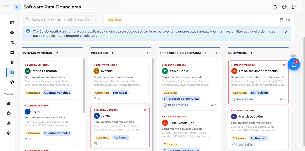 Tablero real de cobranza en Volcano Flex Admin: cuentas vencidas, por hacer, en proceso y en revisión